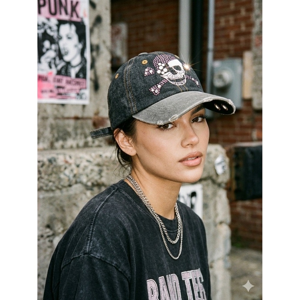 La Glo Rhinestone Skull Crossbones Denim Baseball Hat Y2K Distressed Black Gray